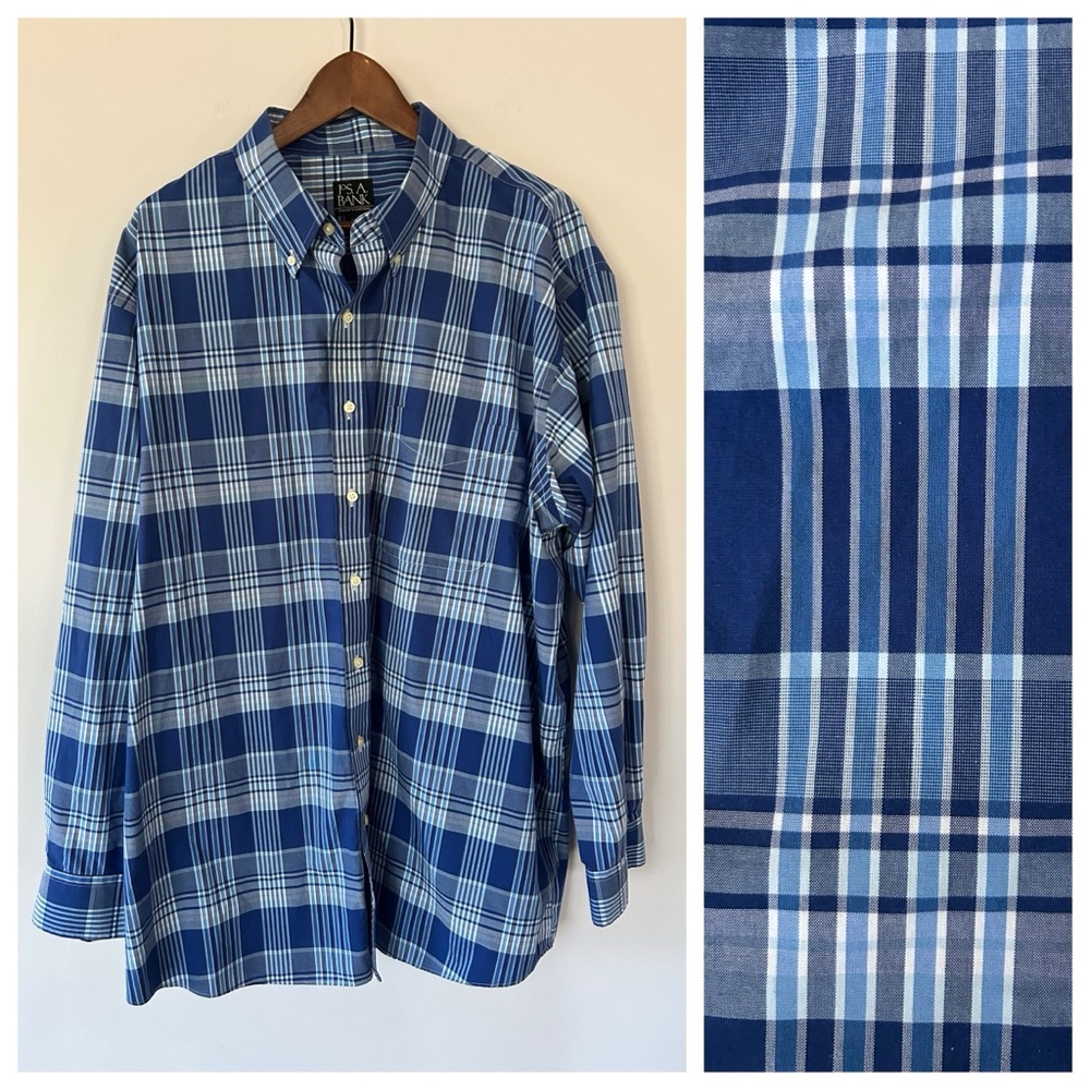 JoS A BANK Mens 2XB Traveler Plaid Check Blue Dress Shirt, GUC